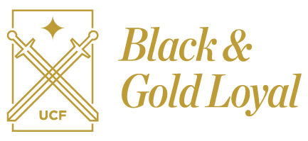 UCF Black & Gold Loyal logo: Logo is in UCF Gold with two crossed swords.