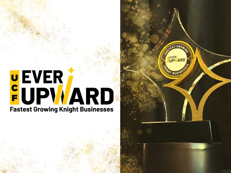 Split image: left shows the UCF UPWARD logo with gold confetti; right features a gold star-shaped trophy with a circular 'Ever Upward' emblem.