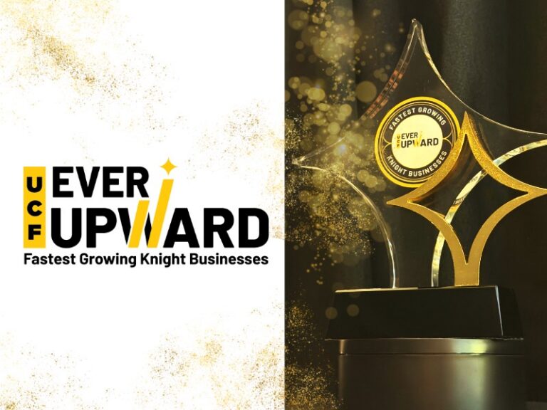 Left: UCF Ever Upward branding with the tagline 'Fastest Growing Knight Businesses'; right: gold trophy on a black pedestal indicating an award.